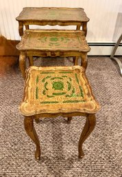 (BAASE) VINTAGE ITALIAN FLORENTINE NESTING TABLES -TRIO GRADUATED SIZES -SOME WEAR - 23' BY 14' BY 21' LARGEST