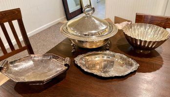 (BASE) FOUR PIECES OF VINTAGE SILVER PLATE SERVING PIECES - 8' -12'