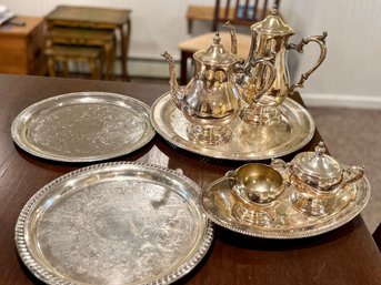 (BASE) EIGHT PIECES OF VINTAGE SILVER PLATE SERVING PIECES - TWO COFFEE POTS, CREAMER & SUGAR & TRAYS- 8' -12'