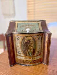 (A-101) ANTIQUE S.H. PARSONS ALBANY, NY METAL TOLEWARE SPICE CANISTER -CLOVES - WITH PORCELAIN KNOB