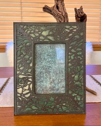 (A-99) GORGEOUS ANTIQUE TIFFANY STYLE BRONZE PICTURE FRAME WITH GREEN SLAG GLASS & BEADED EDGE - QUALITY PIECE
