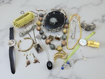 (J-3) VINTAGE SET OF 20 ASSORTED PIECES OF COSTUME JEWELRY-NECKLACE'S, WATCHES, RINGS ETC
