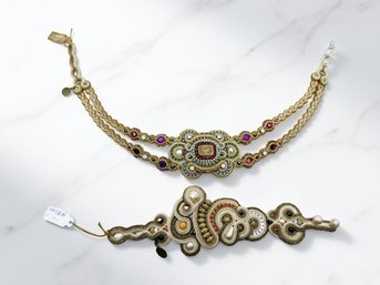 (J-10) PAIR OF DORI CSENGERI DESIGNER NECKLACE & BRACELET -HAND MADE LEATHER & SWAROVSKI CRYSTALS