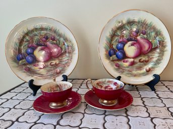 (DR) PAIR OF VINTAGE AYNSLEY ENGLAND CUP, SAUCER & 10' PLATE SETS - FRUIT THEMED