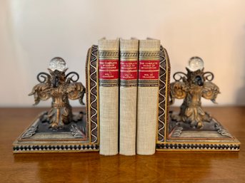 (HALL) PAIR OF BOMBAY DECORATIVE BOOKENDS & THREE SHAKESPEARE HARDCOVER BOOKS