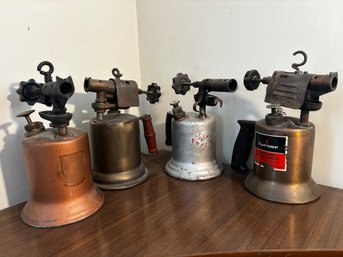 (P-102) COLLECTION OF FOUR ANTIQUE BLOW TORCHES - ASSORTED BRANDS BRASS, GAS TORCHES