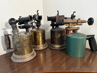 (P-103) COLLECTION OF FOUR ANTIQUE BLOW TORCHES - ASSORTED BRANDS BRASS, GAS TORCHES
