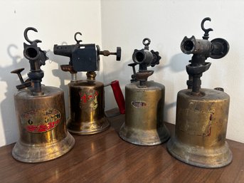 (P-104) COLLECTION OF FOUR ANTIQUE BLOW TORCHES - ASSORTED BRANDS BRASS, GAS TORCHES
