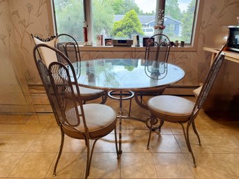 (K) VINTAGE GLASS TOP KITCHEN TABLE WITH IRON BASE & 4 CHAIRS - 49' R BY 30'H