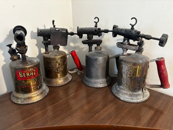 (P-105) COLLECTION OF FOUR ANTIQUE BLOW TORCHES - ASSORTED BRANDS BRASS, GAS TORCHES