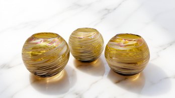 (K-3) VINTAGE TRIO OF MILANO STYLE HAND BLOWN MULTI COLOR GLASAS VOTIVES-APPROX. 3 1/2' R