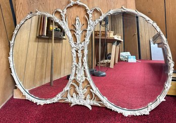 (BASE) ORNATE VINTAGE WHITE WOOD DOUBLE WALL MIRROR - NEEDS TLC, HAS MANY CRACKS IN THE WOOD - 54' BY 34'