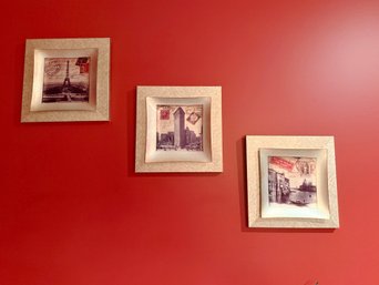 (BA) TRIO OF SCENES OF NY, PARIS & VENICE ART FRAMED IN GOLD - 11' BY 11'