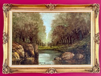 (DR) ORIGINAL VINTAGE LAKESIDE LANDSCAPE OIL PAINTING IDENTIFIED ON BACK AS 'PERRUCCINO' - 42' BY 30'