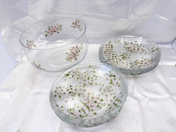 (A-39) VINTAGE SET OF 9 HAND PAINTED GLASS MATCHING ITEMS-COTTAGE BORNE ORIGINALS-STAMFORD, CONN.