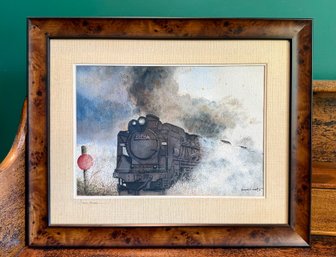(AR-1) FRAMED VINTAGE TRAIN ORIGINAL ART 'IRON HORSE' SIGNED HOWARD G. SAMET, '76 - 21' BY 17'