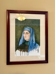 (DEN) FRAMED, HAND PAINTED PORTRAIT OF YOUNG WOMAN IN BLUE VEIL, SIGNED HOWARD '01 - 21' BY 17'