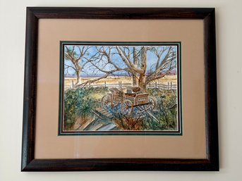 (UPH) FRAMED, HAND PAINTED FARM SCENE WITH WAGON, SIGNED HOWARD - 28' BY 32'