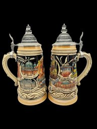 (A-8) VINTAGE PAIR OF GERMAN BEER STEINS-ZOELLER & BORN-HANDPAINTED-BERLIN-STONEWARE & PEWTER-APPROX. 10.5'T