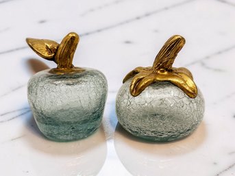 (A-10) VINTAGE PAIR OF HAND BLOWN MEXICAN CRACKLE ART GLASS PAPERWEIGHTS-FRUITS
