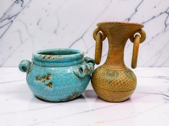 (A-13) VINTAGE PAIR OF CERAMIC EARTHENWARE VESSELS-GLAZED AND HANDLED