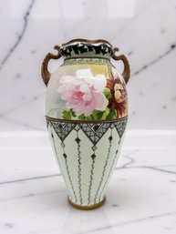 (A-14) VINTAGE NIPPON HAND PAINTED VASE W/HANDLES-FLORAL DESIGN-APPROX. 10'T
