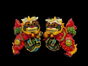 (A-21) VINTAGE PAIR OF HAND PAINTED CERAMIC FOO DOGS-FENG SHUI-APPROX. 4'T
