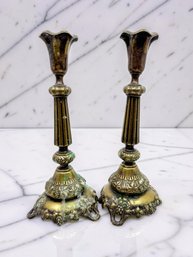 (A-23) ANTIQUE PAIR OF NORBLIN BRASS CANDLESTICK HOLDERS-POLAND-APPROX. 12.5'T