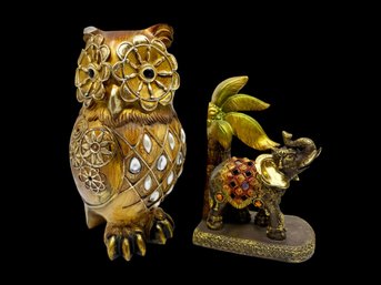 (A-25) VINTAGE PAIR OF RESIN DECORATIVE FIGURINES-OWL AND ELEPHANT