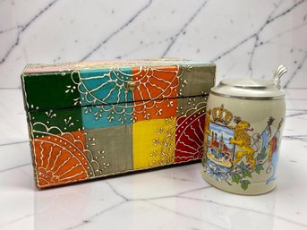 (A-26) VINTAGE PAIR OF COLLECTABLES-GERTZ LIDDED BEER STEIN AND HAND PAINTED WOODEN TRINKET BOX