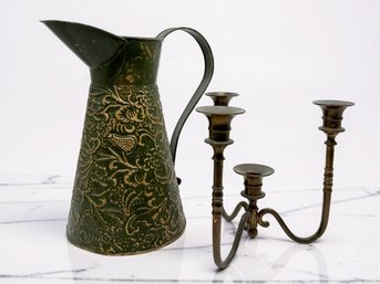 (A-27) VINTAGE PAIR OF METAL COLLECTABLES-CANDELABRA AND PITCHER