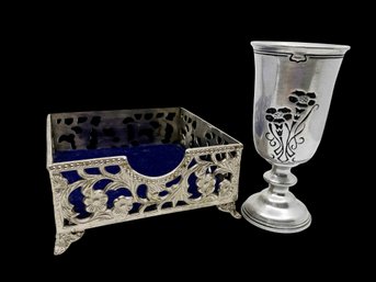 (A-28) VINTAGE PAIR OF PEWTER LIKE COLLECTABLES-GEORGE BRIARD CUP & NAPKIN HOLDER