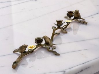 (A-29) VINTAGE STYLE CANDELABRA-BRASS & PORCELAIN FLOWERS-BIRDS-APPROX. 16' X 9'