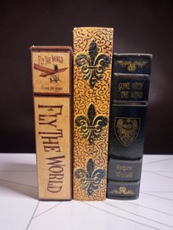 (A-32) VINTAGE TRIO OF DECORATIVE BOOK SHAPED STORAGE BOXES-DESIGNED AS BOOKS