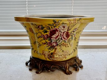 (DR) YELLOW CHINOISERIE CERAMIC PLANTER WITH METAL BASE - 10' BY 14'