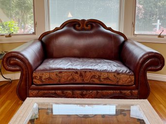 (LR) LEATHER & UPHOLSTERED SOFA WITH NAILHEAD DETAIL - 74' BY 39' BY 30'
