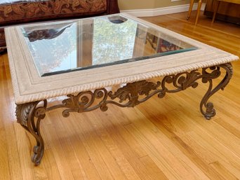 (LR) IRON BASE COFFEE TABLE WITH BEVELED GLASS TOP - 44' SQUARE BY 18' H