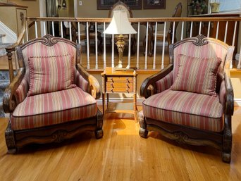 (LR) COMFORTABLE PAIR OF VINTAGE ARMCHAIRS UPHOLSTERED W/WITH LEATHER SIDES - 46' BY 46' BY 37', 19' SEAT