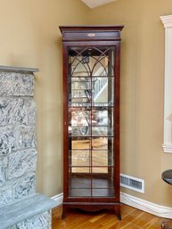 (LR) VINTAGE JASPER CABINET CO. LIGHTED WOOD DISPLAY CABINET WITH GLASS FRONT & MARQUETRY - 80' BY 16' BY 26'