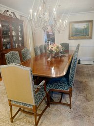 BEAUTIFUL DINING TABLE, BANDED MAHOGANY W/ 12 CUSTOM UPHOLSTERED CHAIRS - 52' BY 132' INCLUDING TWO 24' LEAVES