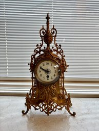 (P-3) ANTIQUE GILT METAL MANTLE CLOCK WITH KEY, UNTESTED - 19' BY 8'