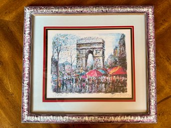 (LR) VINTAGE FRAMED PARIS PRINT ARC DE TRIOMPHE SIGNED 'GEORGE '13'-  APPROX: 16' BY 13'
