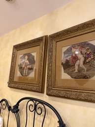 (UPBR) ANTIQUE PAIR OF FRENCH AUBUSSON STYLE PETIT POINT NEEDLEPOINT CHERUBS WITH GARLAND OF FRUIT- 27' BY 25