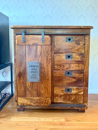 (UPB) UNIQUE WOOD & IRON SIDEBOARD CABINET W/IRON WORKS PLAQUE, ROLLING BARN DOOR & 4 DRAWERS-39' BY 36' BY 19