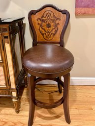(DEN) PAIR OF HIGH LEATHER ACCENT CHAIRS - 44' BY 19' BY 24' SEAT HEIGHT 26' - CONSOLE LISTED SEPARATELY