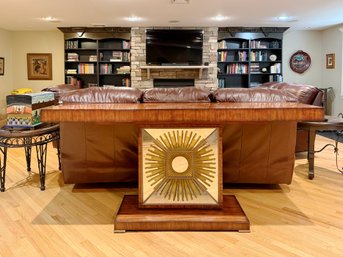 (DEN) FANTASTIC MID CENTURY MODERN WALNUT CONSOLE TABLE WITH EGLOMISE SUNBURST MIRROR - 76' BY 35' BY 18'
