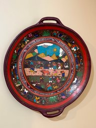 (DEN) VINTAGE MEXICAN FOLK ART WALL HANGING TERRACOTTA PLATE - 22' ROUND