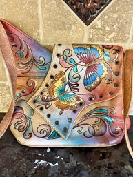 (HB-2) VINTAGE ANUSCHKA LEATHER HANDBAG PAINTED WITH BUTTERFLIES - 10' BY 7'