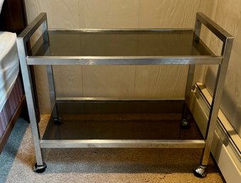 (E-4) VINTAGE MCM CHROME BAR CART WITH GLASS TOPS - 30' BY 24' BY 17'