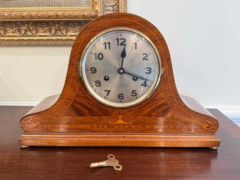(A-1) ANTIQUE MAHOGANY 'NAPOLEON HAT' MANTEL CLOCK WITH KEY-WORKS CIRCA 1920'S